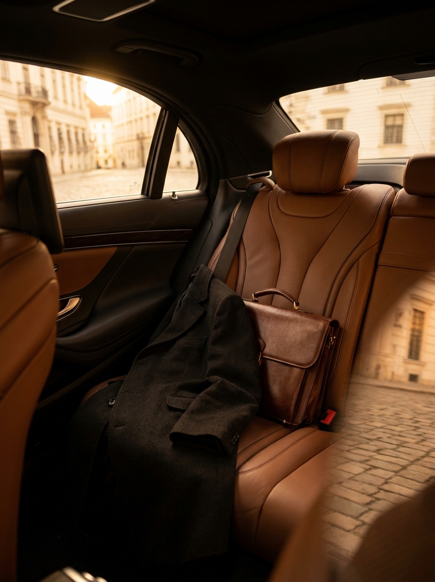 Mantel und Ledertasche auf dem Rücksitz einer Mercedes-Benz