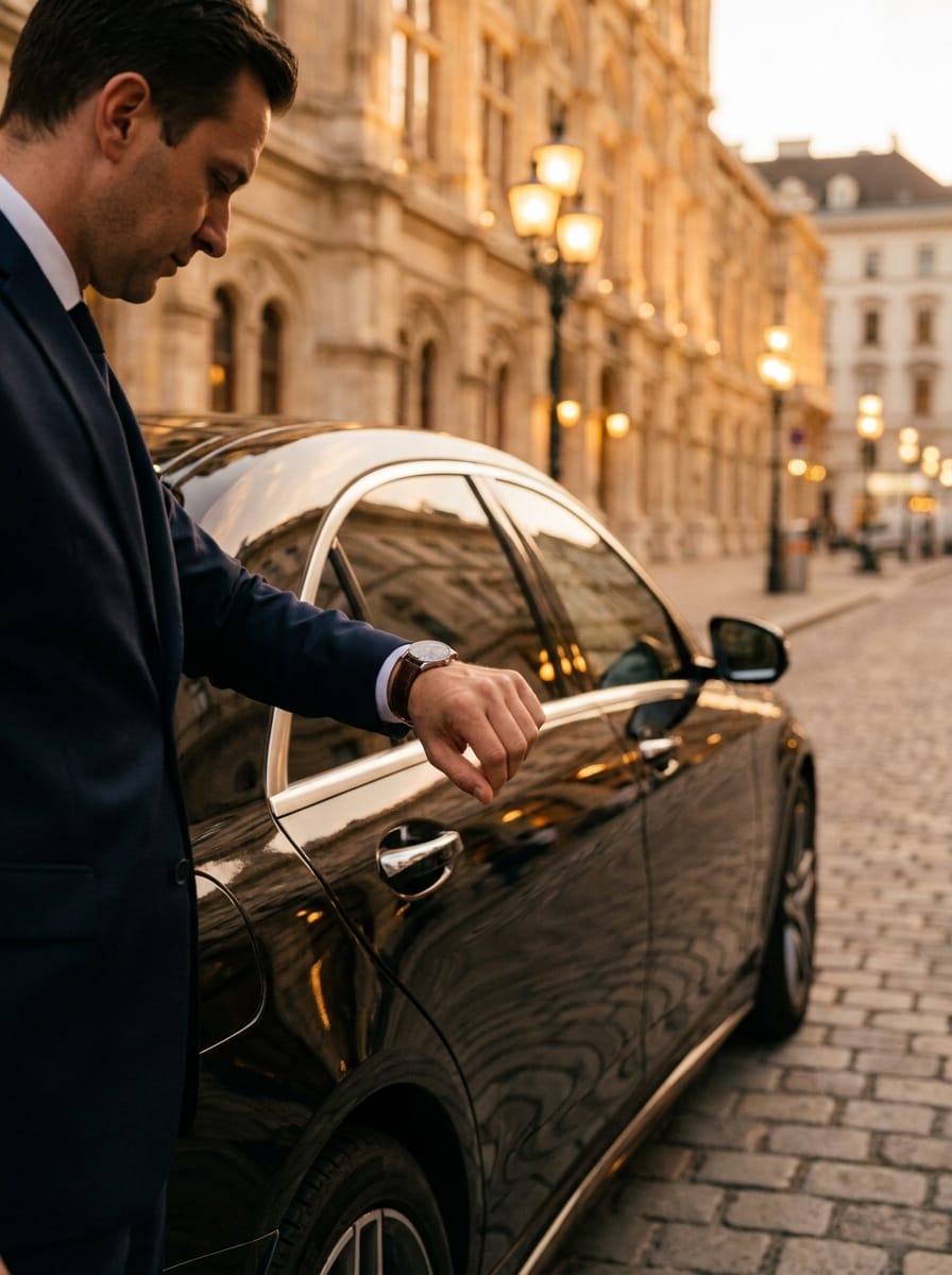 Chauffeur prüft die Uhrzeit neben einer schwarzen Mercedes E-Klasse