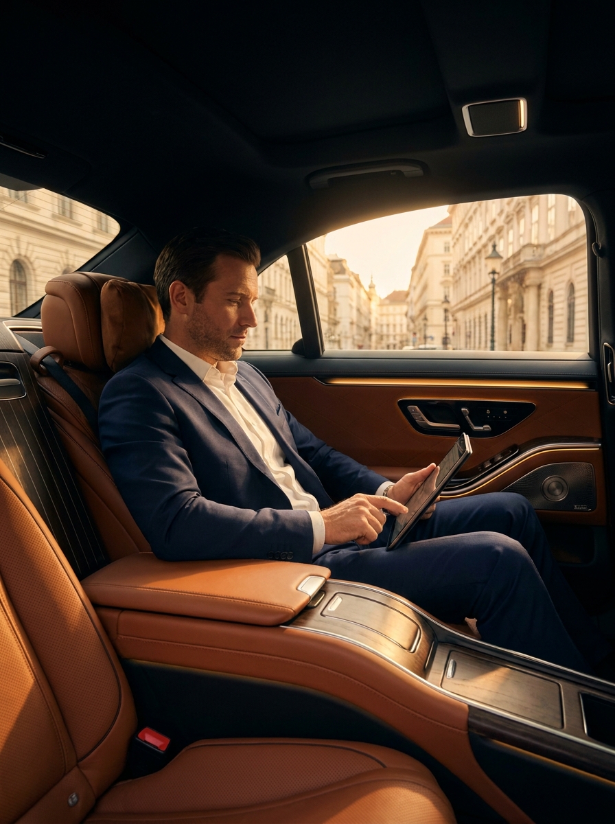 Fahrgast entspannt im Fond einer Mercedes-Benz mit cognacfarbenem Leder