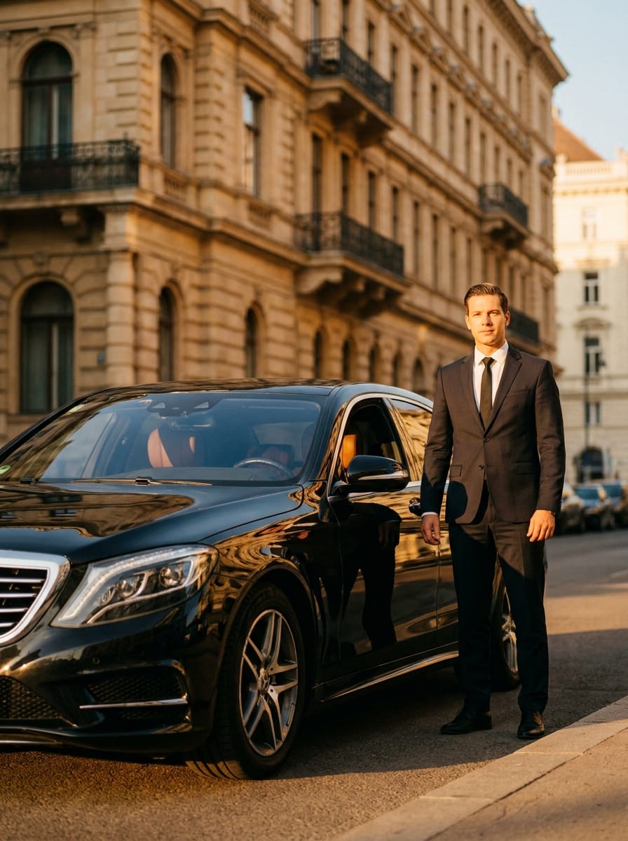 Chauffeur in dunklem Anzug neben einer schwarzen Mercedes S-Klasse in Wien