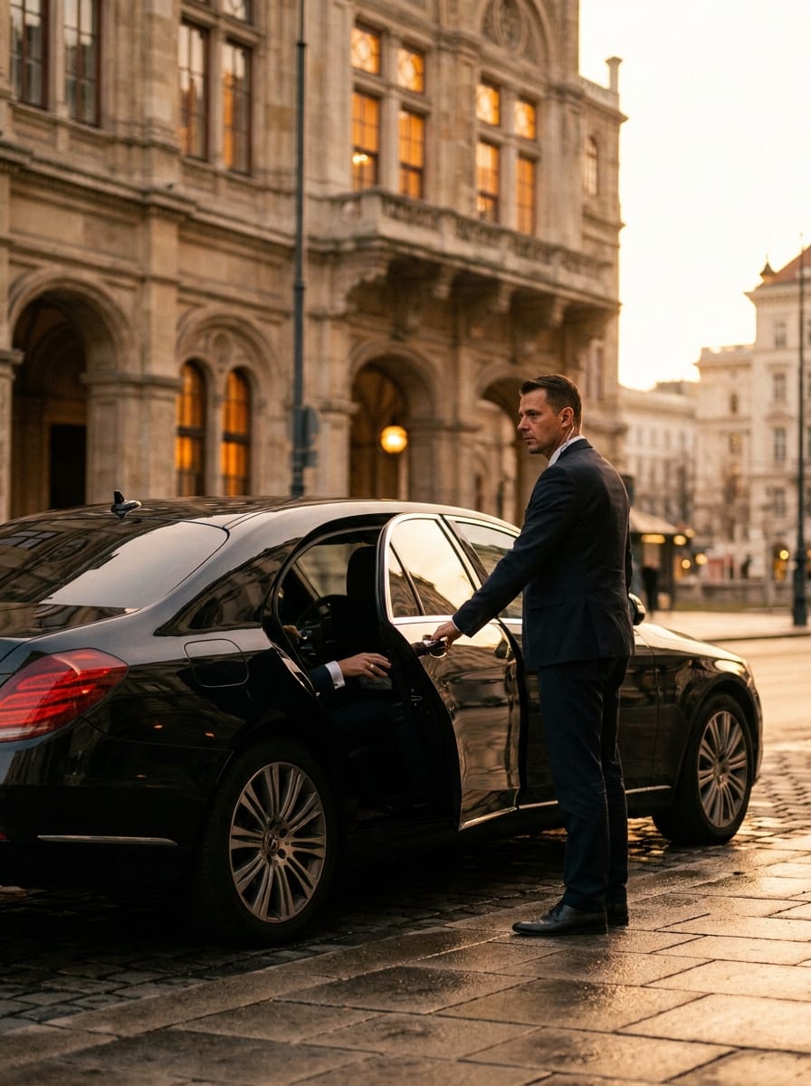 Diskreter Chauffeur öffnet die Tür einer schwarzen Mercedes S-Klasse
