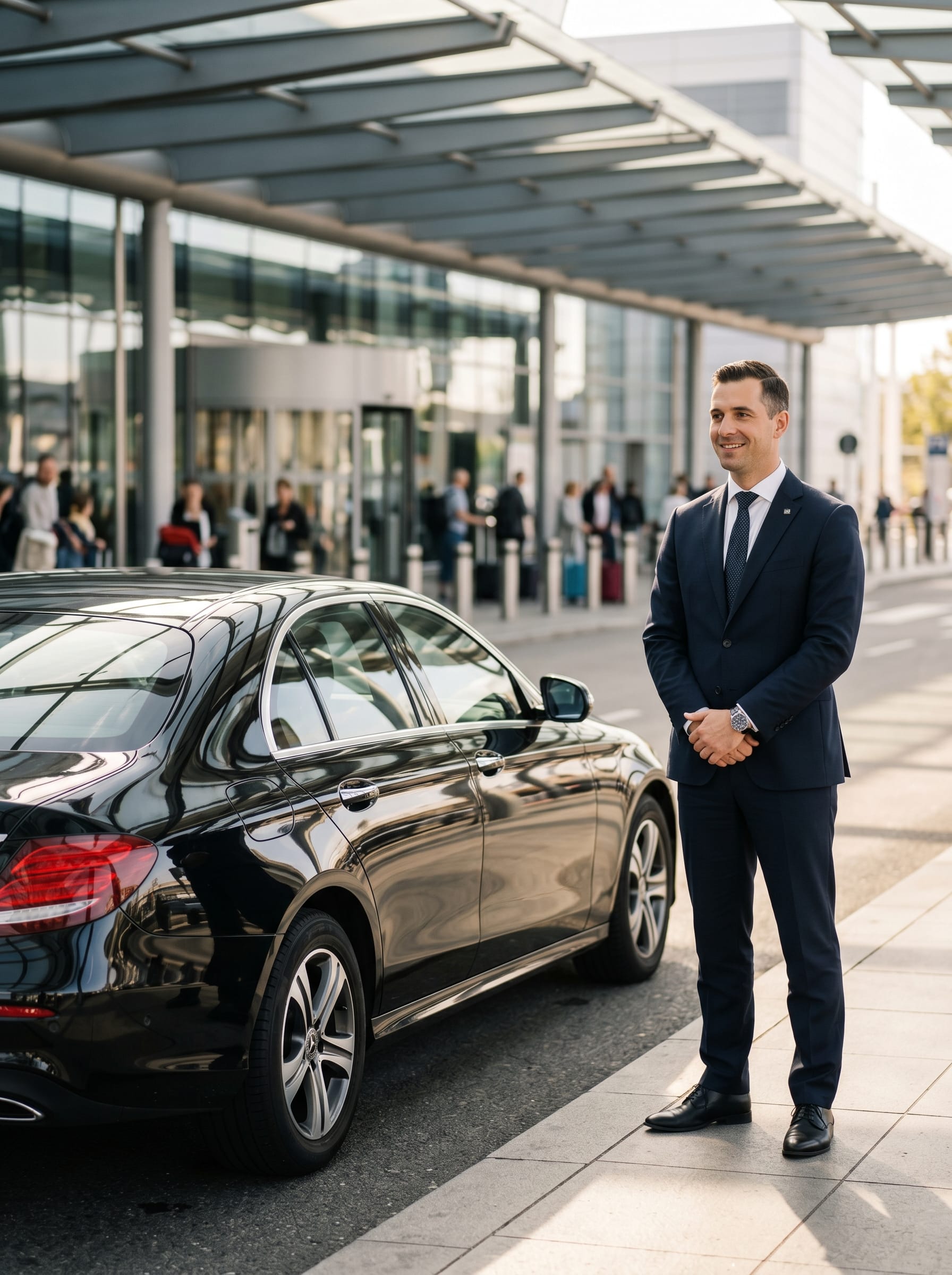 Chauffeur mit Mercedes E-Klasse vor dem Flughafenterminal