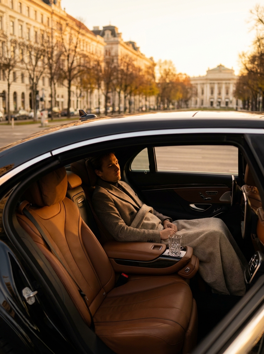 Entspannter Fahrgast im Fond einer Mercedes-Benz auf der Langstrecke