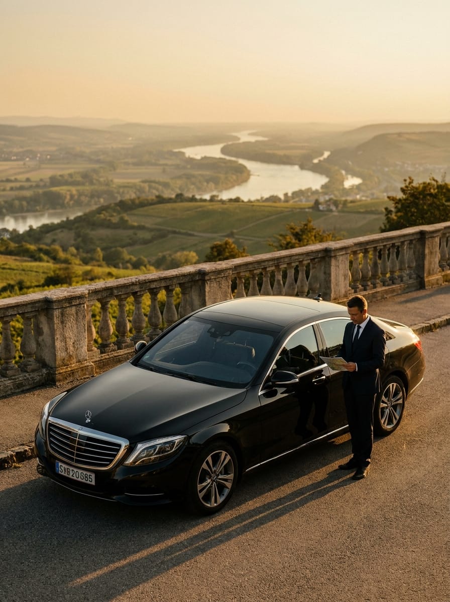 Schwarze Mercedes S-Klasse an einem Aussichtspunkt in Österreich