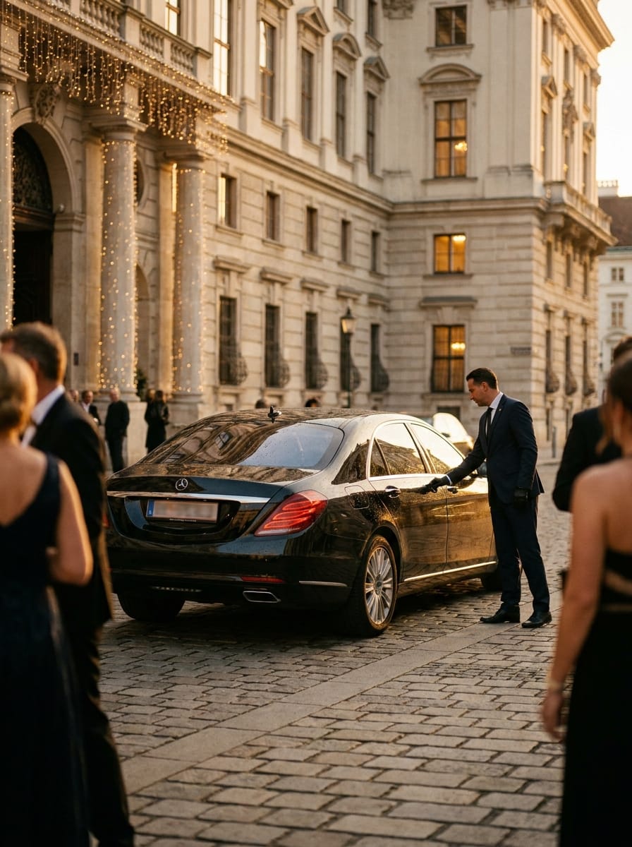 Schwarze Mercedes S-Klasse vor einem festlichen Anlass in Wien