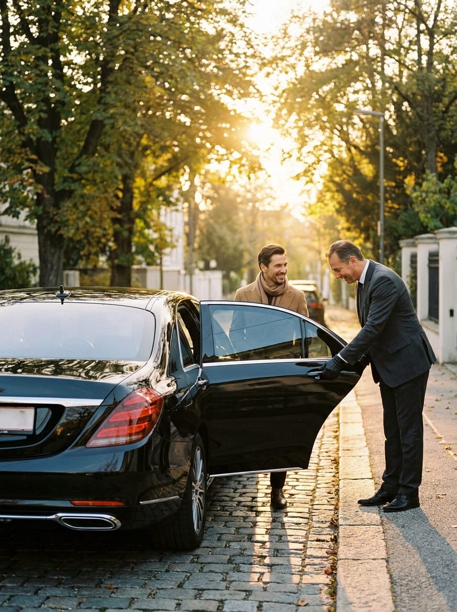 Privatchauffeur begrüßt einen Stammkunden neben einer Mercedes E-Klasse