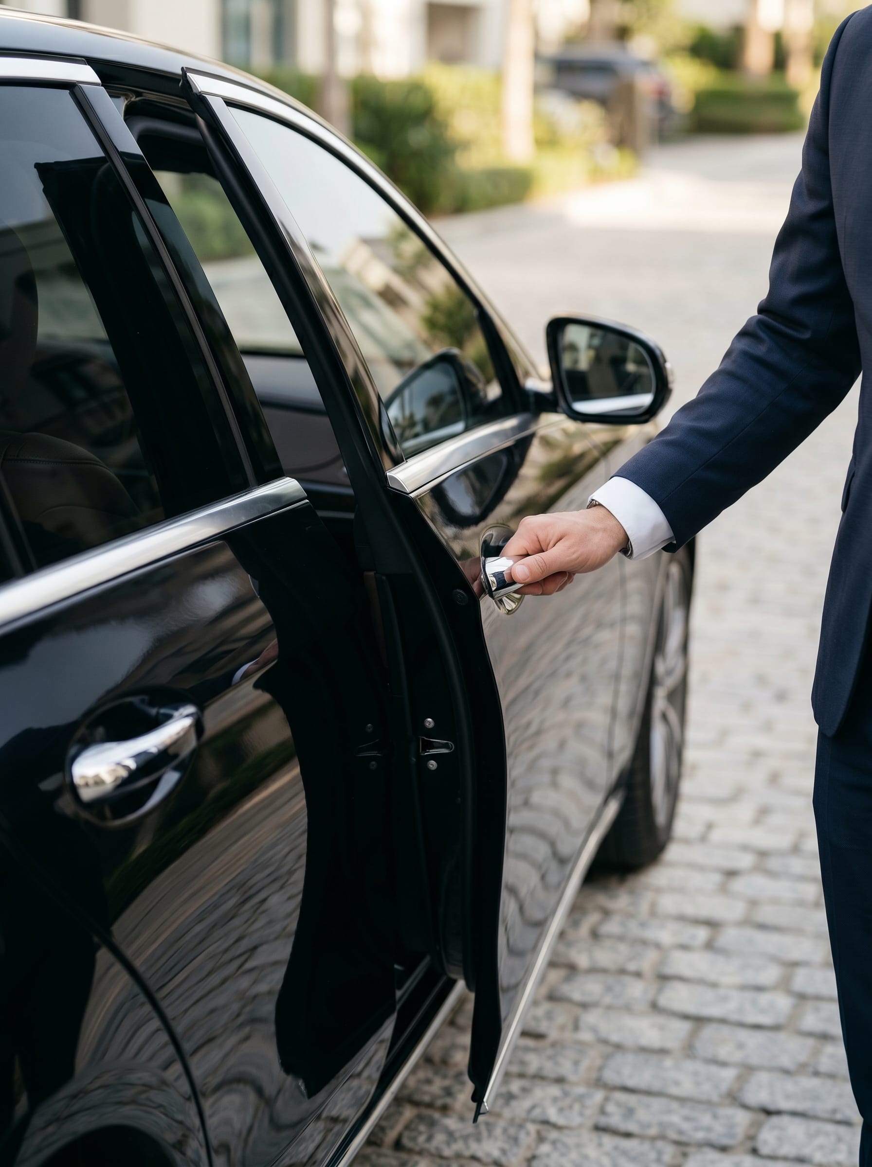 Chauffeur öffnet die Fahrzeugtür einer schwarzen Mercedes-Limousine